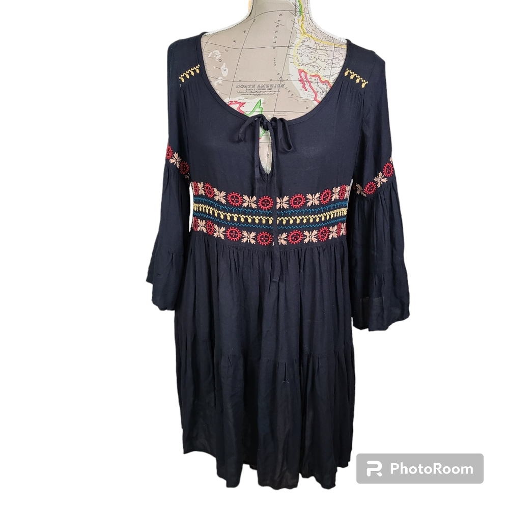 American Eagle Outfitters Size Small Black Embroidered Waist Ruffled Mini Dress - Picture 2 of 12